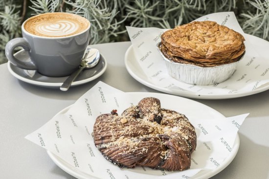 Espresso and gianduja babka croissant (centre) and pastrami pie (right).