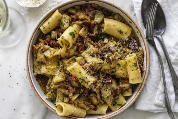 Artichokes work well in a salty pasta dish like this. 