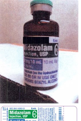 One of the three drugs that the Arkansas Department of Correction purchased to perform several executions. The top photo shows a bottle of Midazolam. The bottom photo shows the label for Midazolam.