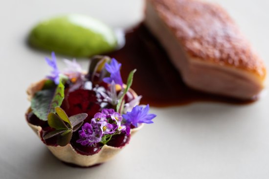 Aged duck breast, duck leg tartlet, beetroot, tarragon and preserved cherry from Ten Minutes by Tractor (77). 