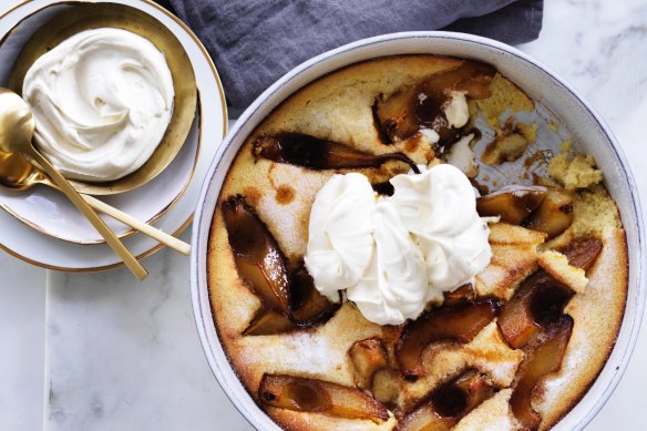 This clafoutis swaps cherries for caramelised pears.