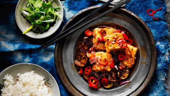 Neil Perry's black pepper tofu with eggplant and chilli. 