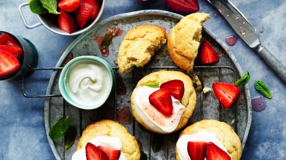 Strawberry shortcakes with rosewater cream <a href="https://www.goodfood.com.au/recipes/agrarian-kitchens-strawberry-shortcakes-with-rosewater-cream-recipe-20171023-gz674f"><b>(Recipe here)</b></a>.