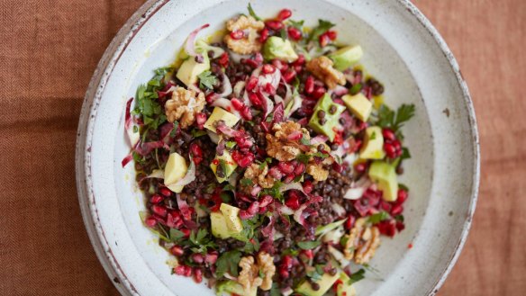 Chicory, Puy lentil, spring onion, avocado, walnut and pomegranate salad from Grow Cook Nourish: A Kitchen Garden Companion In 500 Recipes by Darina Allen. Photography By Clare Winfield (Kyle Books, RRP $59.99).