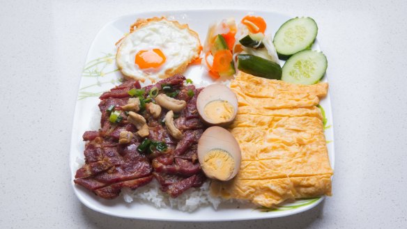 Tasty Cambodian's Khmer-style breakfast with chopped sweet pork ribs and eggs three ways.
