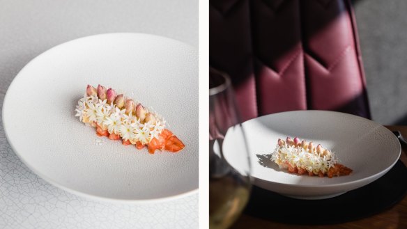 Quay's sculptural marron dish photographed in diffused natural light (left) and full afternoon sunlight (right). 