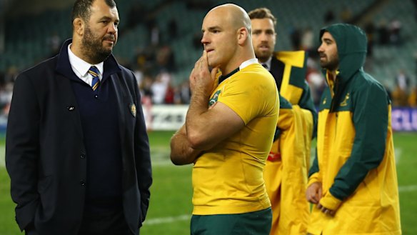 Time to regroup: Michael Cheika and Stephen Moore in Sydney after the 3-0 series loss to England.
