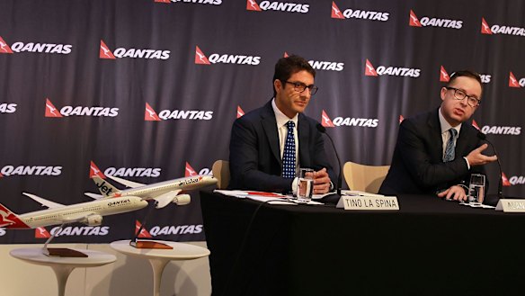 Qantas chief executive Alan Joyce, right, with chief financial officer Tino La Spina at the airline's half-year results meeting on Tuesday. 