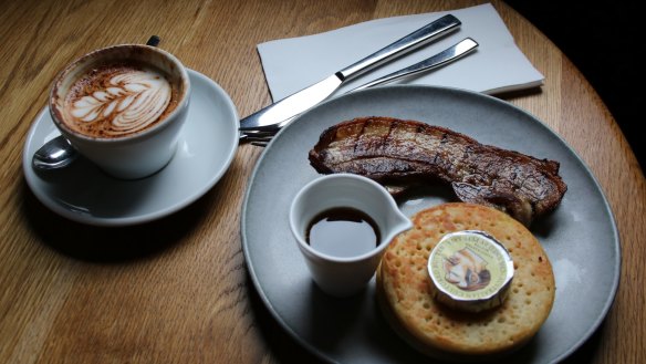 Crumpet with thick-cut bacon, butter and maple syrup at Johnny Alloo.