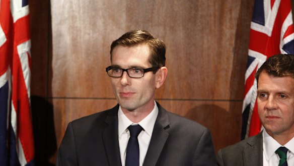 Dominic Perrottet, NSW Minister for Finance, Services and Property, at a press conference with Premier Mike Baird.