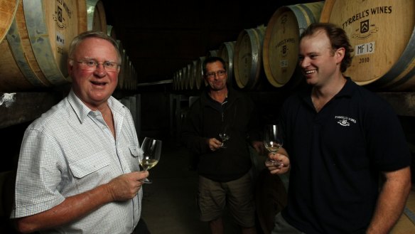 Bruce Tyrrell, Andrew Spinaze and Chris Tyrrell sampling at the winery.