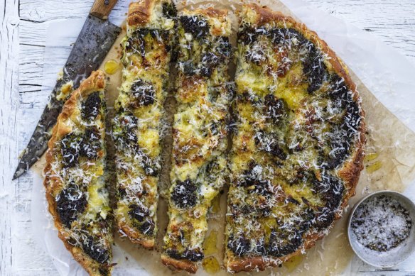 Broccoli tart with caramelised onion and plenty of cheese.