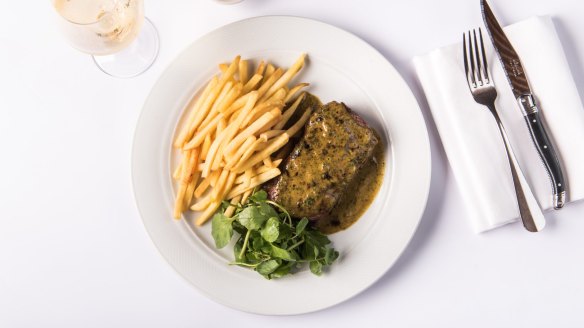 Grilled sirloin, cafe de paris butter and frites at Bistro Moncur, Woollahra.