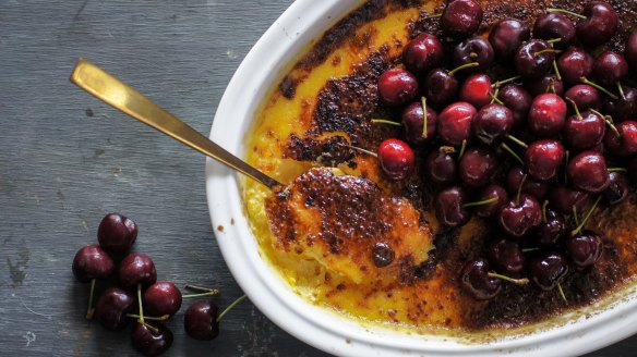 Chilled custard with boozy cherries.