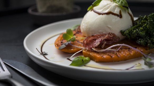 Sweet potato 'toast' with burrata and broccolini.