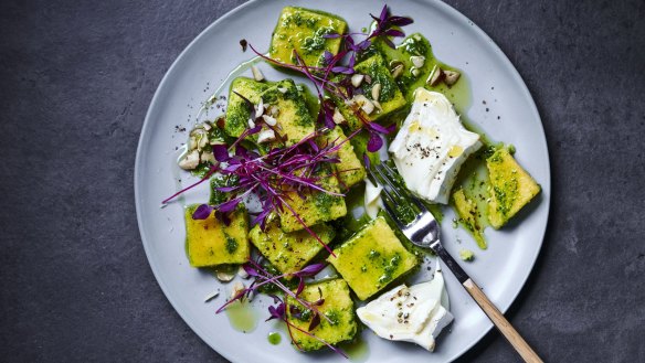 Fast polenta gnocchi with winter green pesto, hazelnuts and brie.  