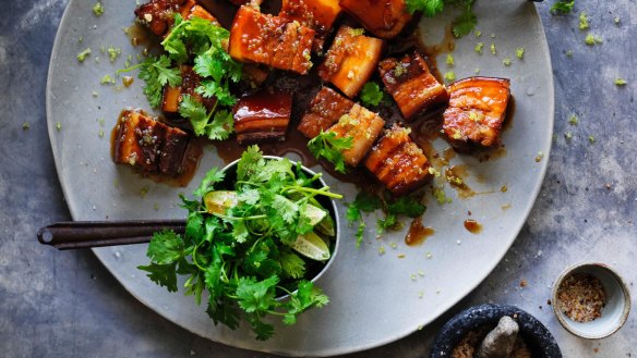 Kylie Kwong's caramelised pork belly with fresh finger limes and Sichuan pepper.