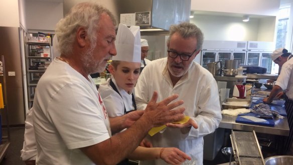 Chef Alain Passard (right), Jacques Reymond and L'Arpege sous chef Marine Hervouet at TAFE Launceston.