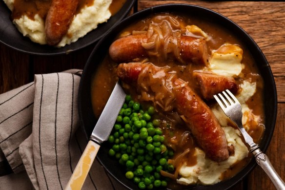 Comfort food classic: Bangers and mash with a rich onion gravy.