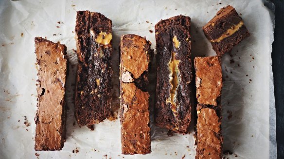 Katrina Meynink's dark chocolate, peanut butter and dulce de leche brownies are crackled like a creek bed. 