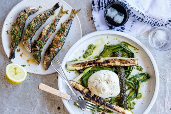 Three Blue Ducks' sardines with burrata, charred zucchini and spring onions 