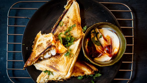 Ma po tofu jaffles with mayonnaise and chilli.