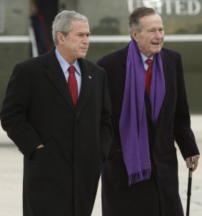 This 2008 photo shows George HW Bush senior to the right with his son, George W Bush in Maryland.