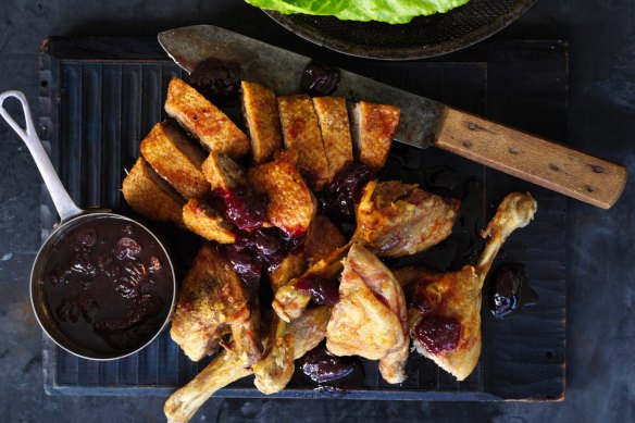 Neil Perry's roast duck with cherries.