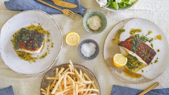 Murray cod with herb butter, served with a simple green salad and fries.