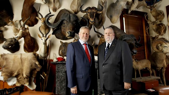 Shooters party members Robert Borsak and Robert Brown in the Billiard room of Mr Borsak's Ashfield home.