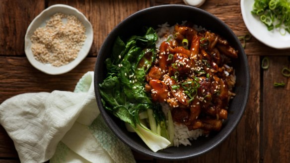 Flavour explosion: Firecracker chicken with steamed greens and rice.