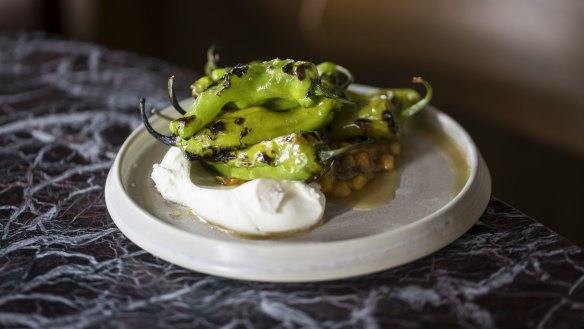 Shishito peppers, peach and yoghurt. 