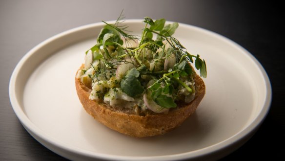 Toothfish sandwich with padron peppers and watercress from the Bentley bar.
