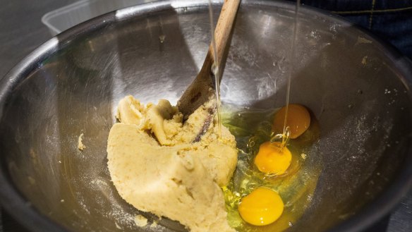 ... until creamy, then add eggs and beat (or stir) again.