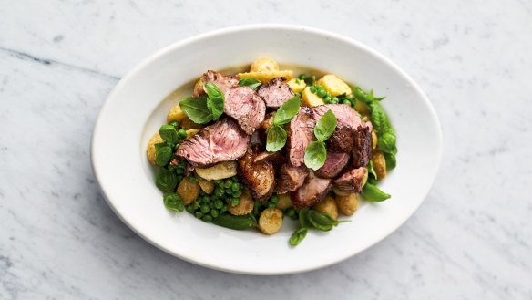 Jamie Oliver's pan-seared lamb with basil, new potatoes and pesto.