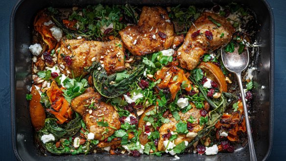 ChickenÂ shawarmaÂ bake with sweet potato, feta and cranberries. Summer traybake recipes and sheetpan dinners for Good Food, January 2020. Images and recipes by KatrinaÂ Meynink. Good Food use only. One tray wonders.