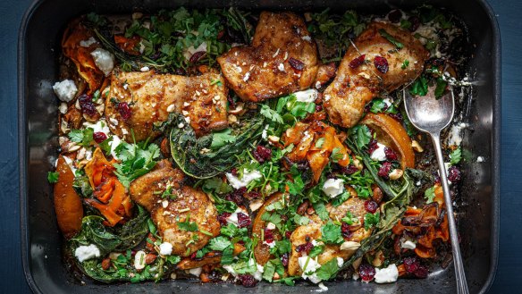 Katrina Meynink's chicken shawarma traybake with sweet potato, feta and cranberries (