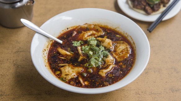 Pork dumplings in hot and sour soup from Xi'an Cuisine.