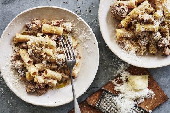 Creamy pasta with sausage.