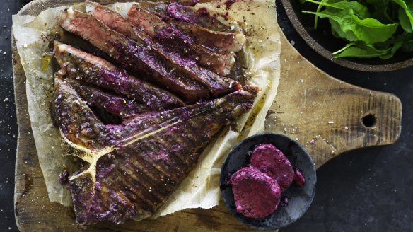 Neil Perry's barbecue aged beef t-bone with red wine butter.  