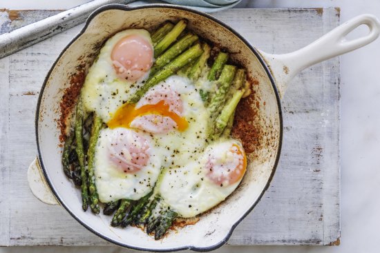 Adam Liaw recipe: Grilled asparagus with coddled eggs and parmesan.
