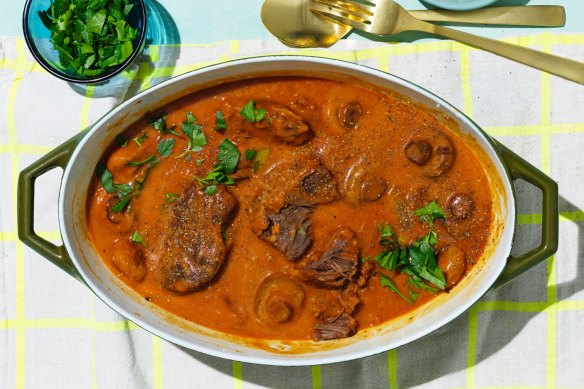 Beef cheek and whole mushroom stroganoff. 