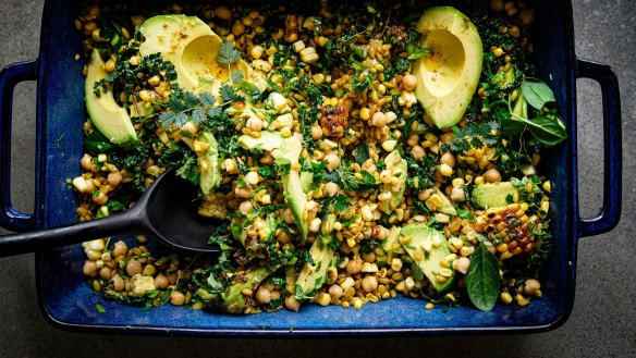 Farros salad with corn, chickpeas and avocado  is a great healthy option.