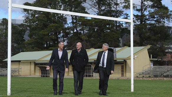 Raiders chief executive Don Furner, PCYC chief executive Stephen Imrie and Raiders general manager Mark Vergano at Northbourne Oval.