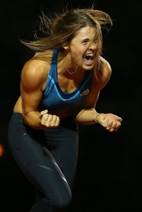 Nina Kennedy of the West Australian Institute of Sport reacts after clearing 4.59m and breaking the World Junior Record in the Womens Pole Vault during the Perth Track Classic on February 14, 2015 in Perth, Australia.