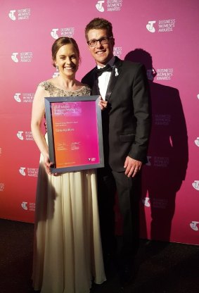 Canberra pharmacist Elise Apolloni with her husband Dean, also a pharmacist, at the awards night in Melbourne.