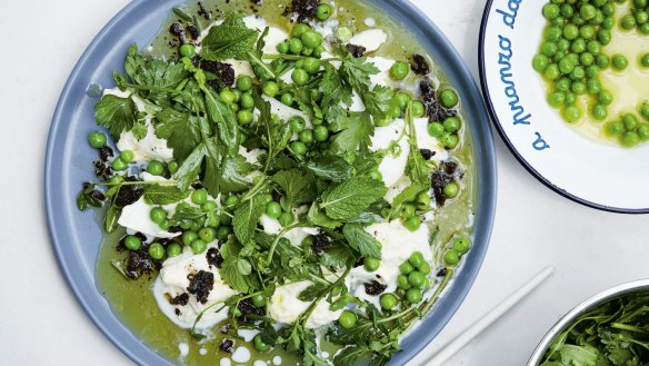 To begin: crushed peas with burrata and black olives.