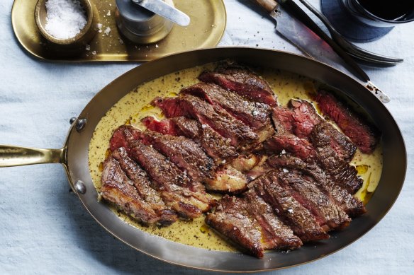 Steak au poivre, using rump cap.