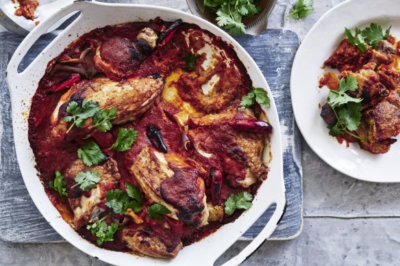 For a Mexican-inspired feast, serve this simplified chicken mole with with braised beans, guacamole, tortillas, corn salsa and creme fraiche.