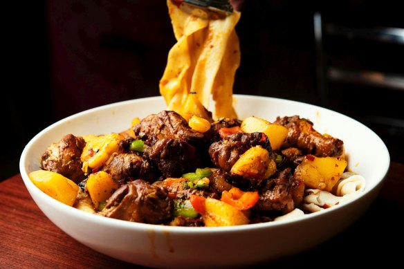 Handmade noodles with beef and potato at Handmade Noodle Bar.